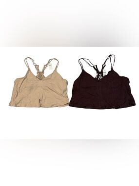 Aerie Lot of 2 Ribbed Floral Lace Razorback Brown & Tan Bralette Bra Tank New M